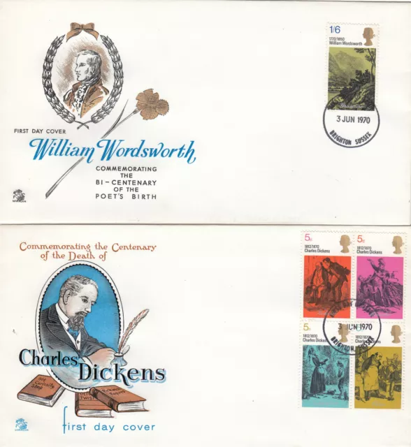 (100551) CLEARANCE Sovereign Charles Dickens / Wordsworth FDC x2 Brighton 1970