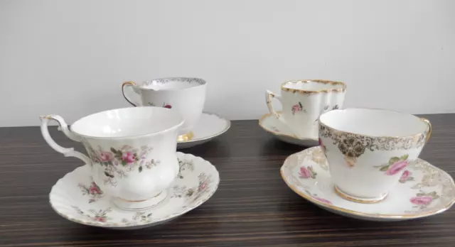 4 x VINTAGE MISMATCHED BONE CHINA TEA CUPS AND SAUCERS - ROYAL ALBERT ETC