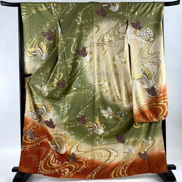 Japanese kimono SILK"FURISODE" long sleeves, Gold leaf, BT, Stream, L5'5"...3280