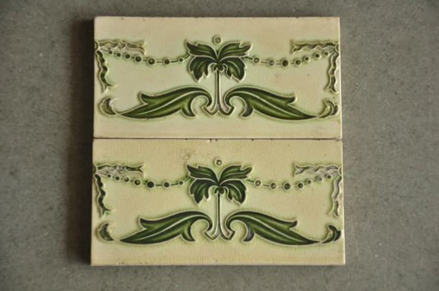 2 Pc Vintage Majolica Tree & Leaf Designs Art Nouveau Architecture Tiles,England 2