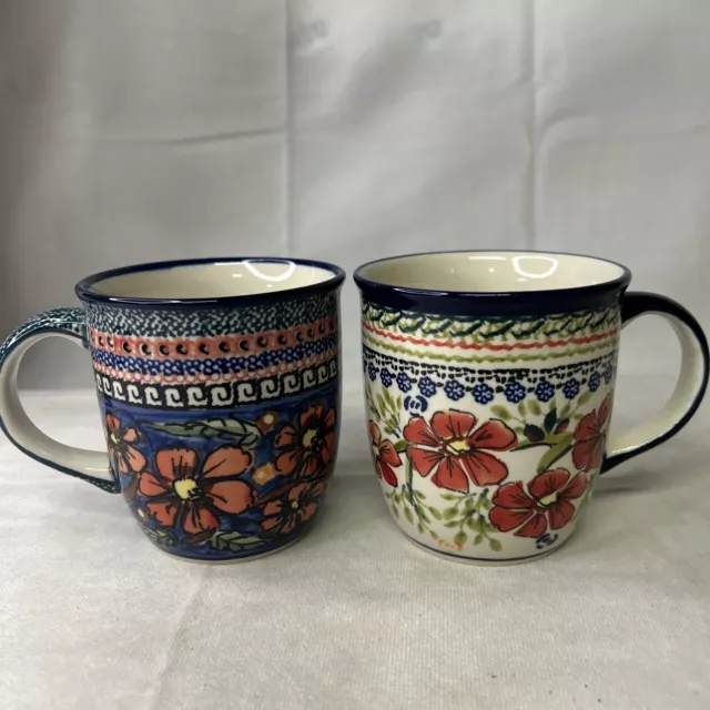 Blue Rose Polish Pottery Coffee Mugs Red Blue Unikat Signature Pattern