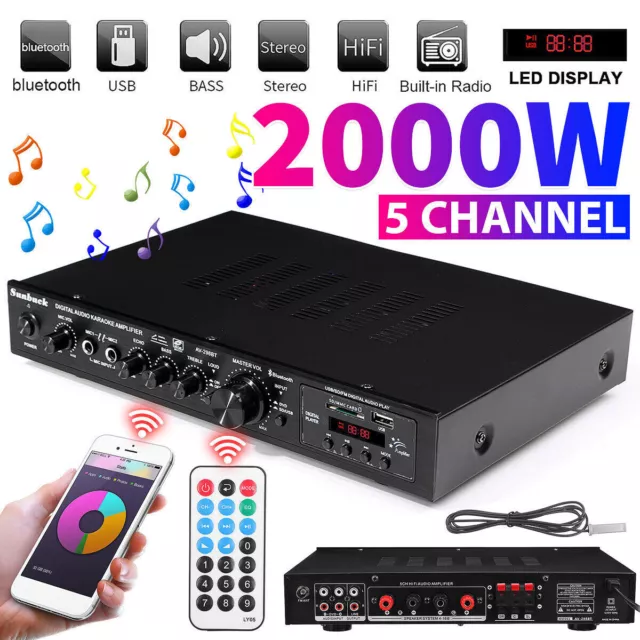 5CH 2000W bluetooth HiFi Audio Amplifier Surround For Karaoke Home Bar Theater