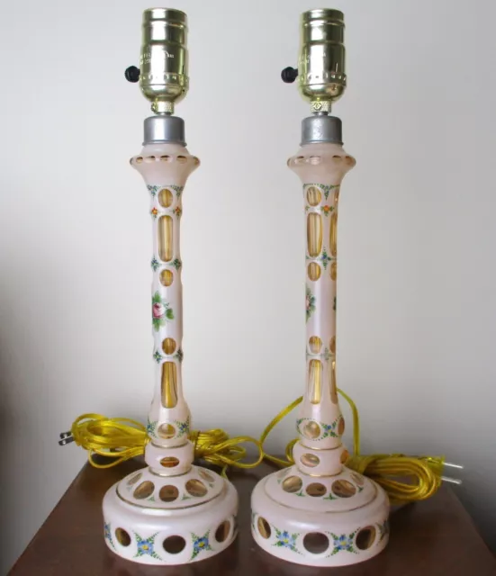 Bedroom lamps pink Bohemian glass cut-to-clear floral pair 15 inches tall