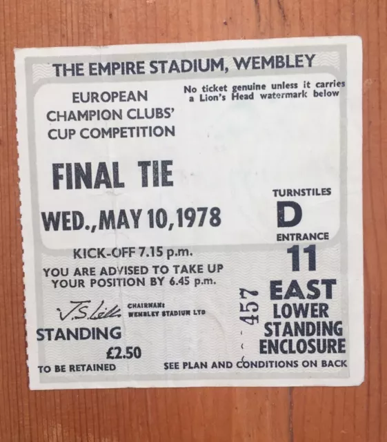 1978 European Cup Final Ticket:-  Liverpool V Club Brugge. Original.