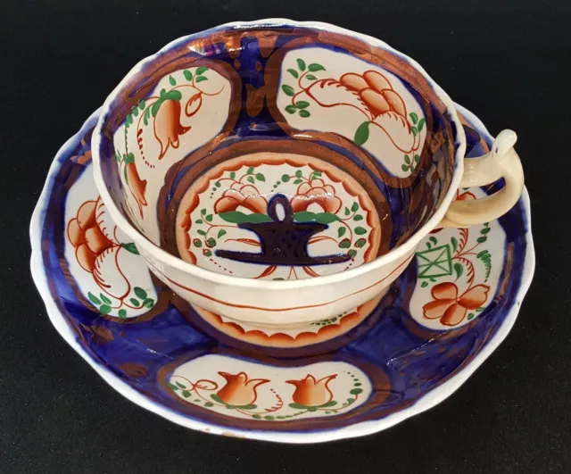 Gaudy Welsh vintage Victorian antique orange flower design cup & saucer duo D