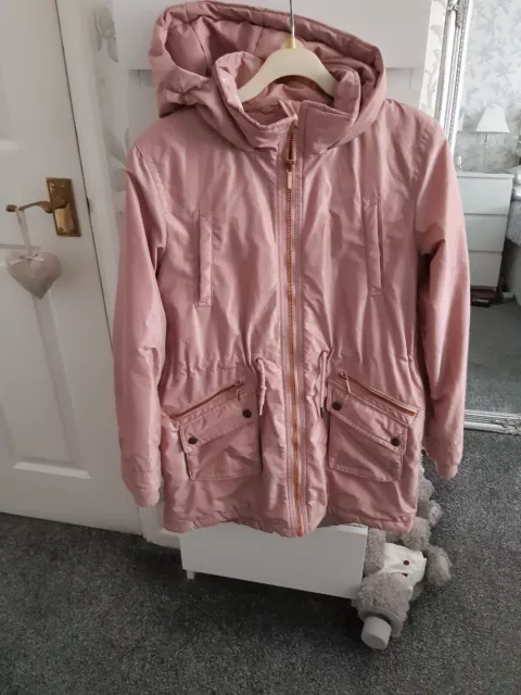 Girls coat lightly  padded in pink with hood from NEXT age 11, worn
