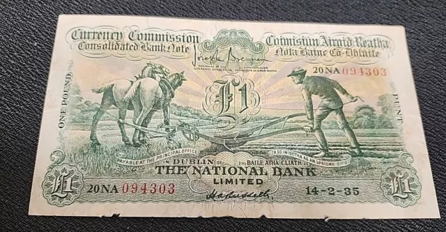 The National Bank Limited Dublin Ireland 1935 Banknote 1 Pound Ploughman