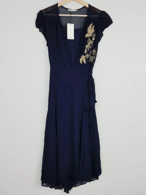 MANGO / MNG Womens Size M or 12 Navy Embroidered Wrap Dress NEW + TAGS