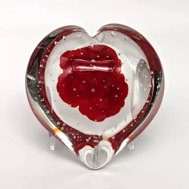 Hand Blown Art Glass Heart Shaped Paperweight Red Rose Controlled Bubbles