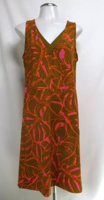 TITLE NINE olive green orange pink leaves pattern stretch sleeveless dress sz L