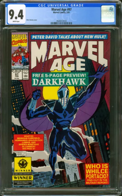 Marvel Age #97 (1991) CGC 9.4 White 1st Darkhawk Preview Mike Manley Cover