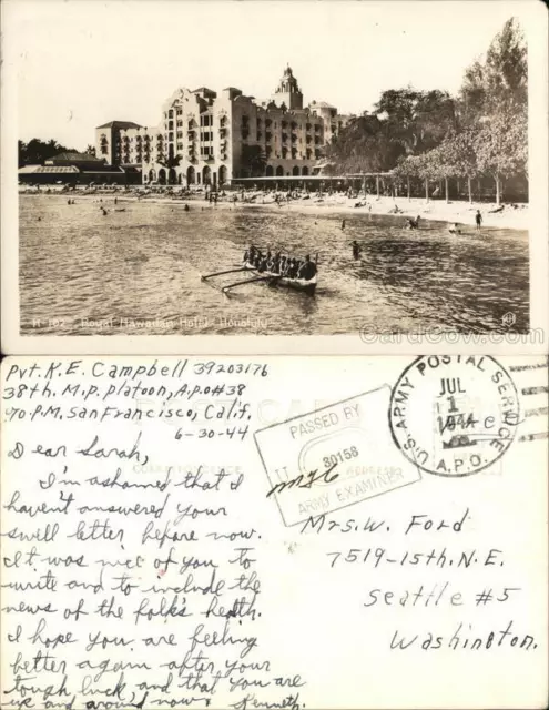 1944 RPPC Honolulu,HI Royal Hawaiian Hotel Real Photo Post Card Free stamp