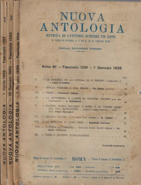 Nuova antologia anno 1926 Fasc. 1291, 1292, 1927. Rivista di lettere, scienze ed