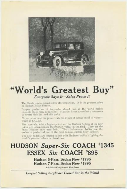 Hudson Super Six Essex Six Coach Worlds Greatest Buy 1925 Vintage Ad Hudson