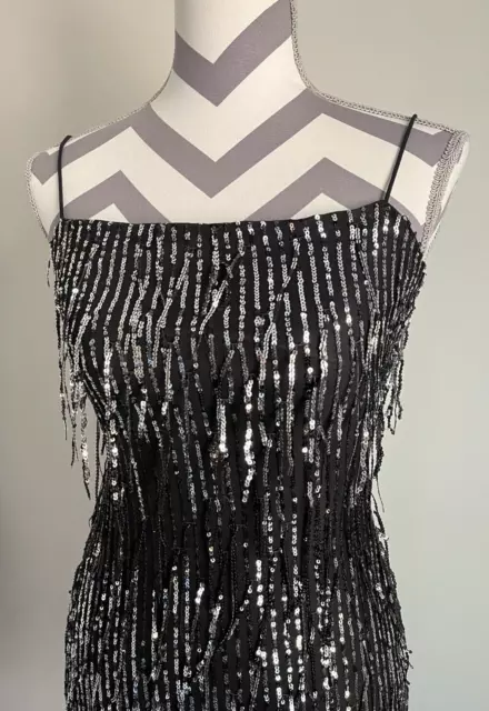 NWOT Lovely Day Fashion Mini Dress SMALL black silver sequin fringe strappy mesh 3