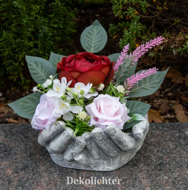 Grabgesteck weiß Blumengesteck Gesteck Rosen Grabschmuck Hände Grabdeko 18cm