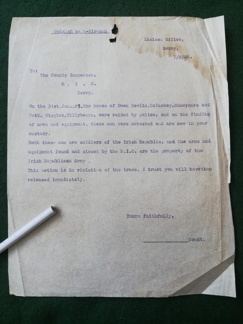 Very Rare Derry I.R.A. Irish War Of Independence Era Letter To R.I.C.