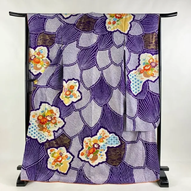 Japanese Kimono Furisode Pure Silk Qinghai Wave Pattern Gold Paint Purple Color
