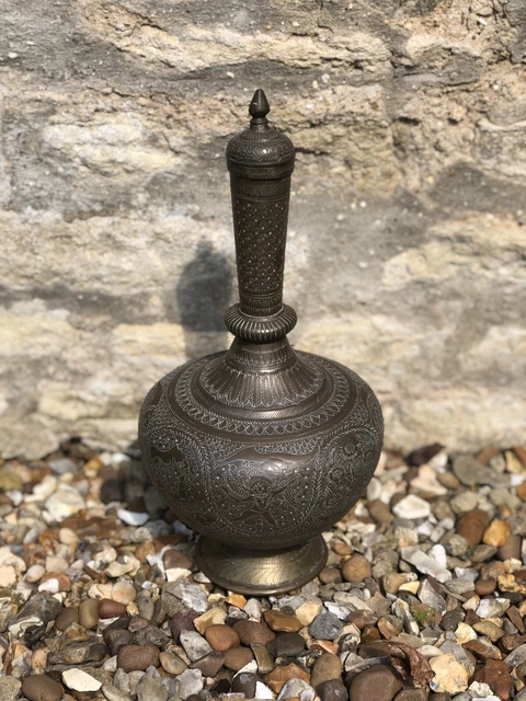 Brass Antique Surahi Water Flask Vessel Asian Indian Indonesian Lidded Vase