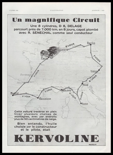 Publicite  Delage D.8 Kervoline Motor Oil  Automobile  Car   Ad  1930  - 1H