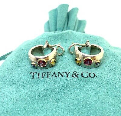Tiffany & Co RARE Silver 18K Gold Etoile Gemstone Sapphire Peridot Hoop Earrings