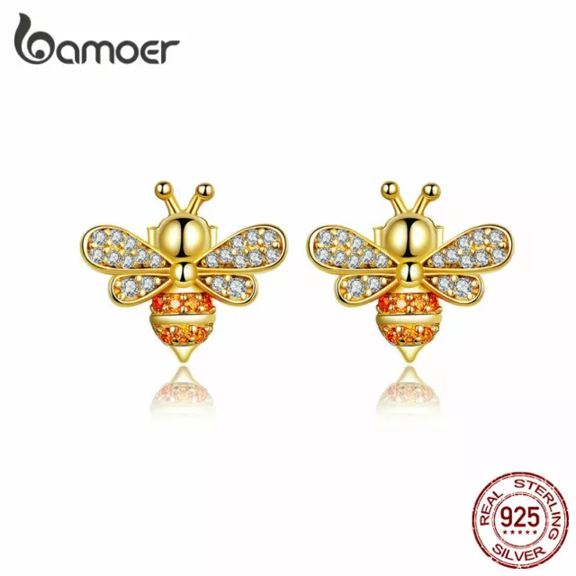 BAMOER Women Gold Stud Earrings S925 Sterling Silver AAA Zircon The bee Jewelry