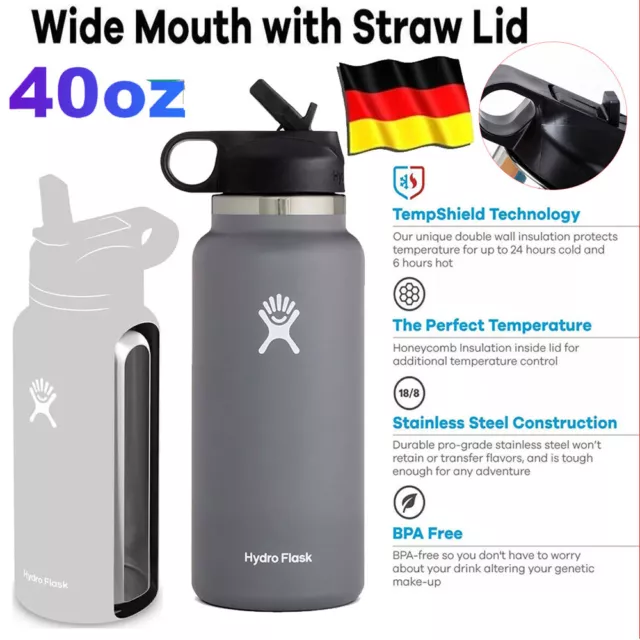 Hydro Flask Water Bottle with Straw Stainless steel Wide Mouth Lid 40oz  2024