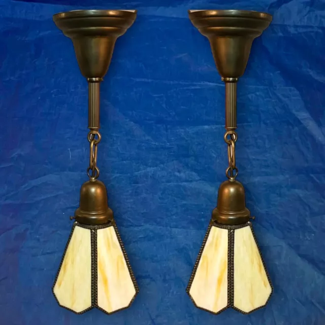 Brass Pendant Lights Pair Newly Rewired With Stained Glass Shades 143F