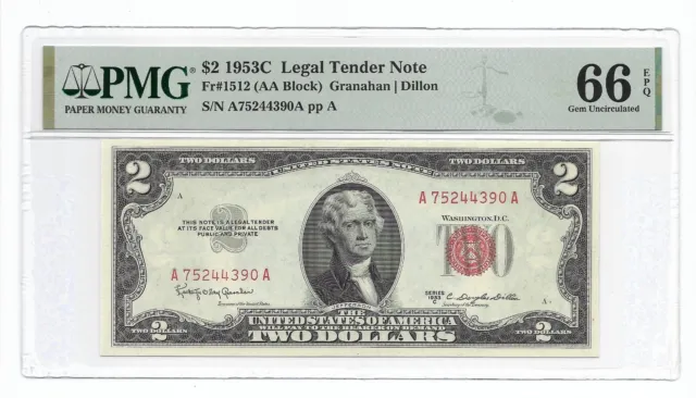 1953C $2 LEGAL TENDER, US Note. PMG Gem Uncirculated 66 EPQ Banknote.
