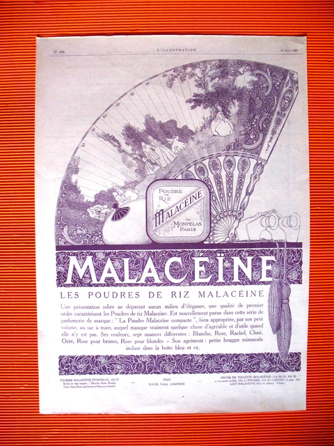 Publicite De Presse Malaceine Poudre De Riz Eventail Illustration Fisher Ad 1921