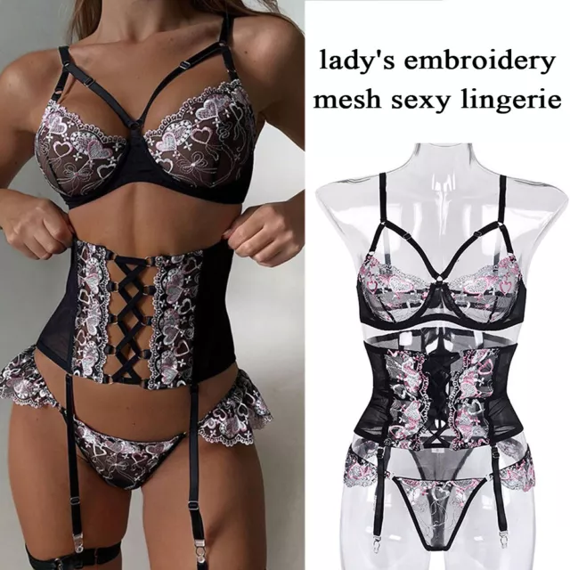 Set Di Biancheria Intima Sexy Da Donna In Pizzo Corsetto Reggiseno A