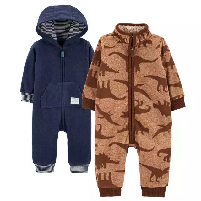 Carters Baby Boy 9, 12, 18, 24 Months 2 fleece Sets  Hooded Romper Jumpsuit