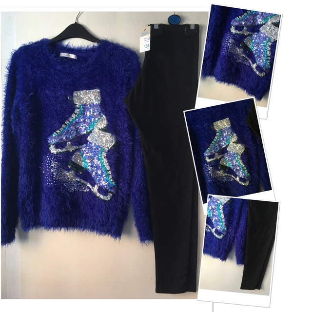 M&S Girls Fluffy Ice Skates Jumper exc u & new tags prk leggings 12-13 years
