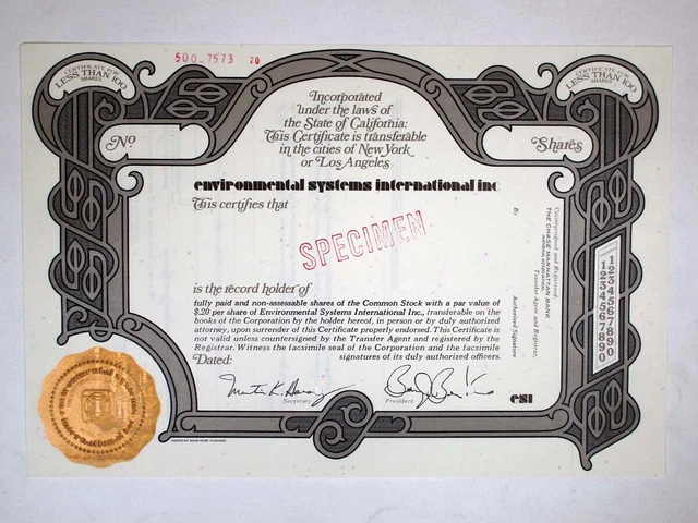 CA. Environmental Systems Intl. Inc, 1970. 100 Shrs Specimen Stock Cert. XF ABN
