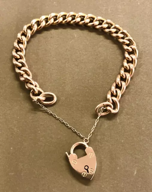 Vintage Solid Link 9ct Rose Gold Bracelet With Heart Lock & Safety Chain -186-