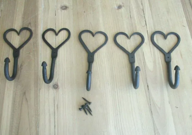 5 Iron Coat Hooks Hat Hand Forged 6 1/4"  Antique Style Hook Heart U-Shape Hat