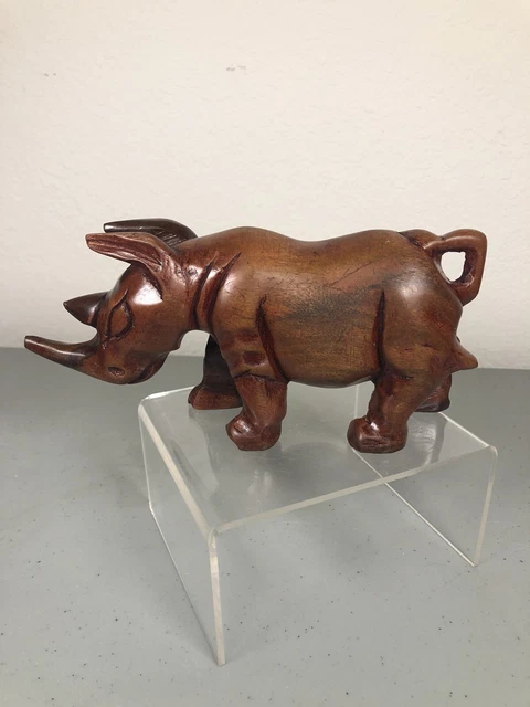 Hand Carved Wooden Rhino Solid Wood Rhinoceros Figurine Figure Sculpture