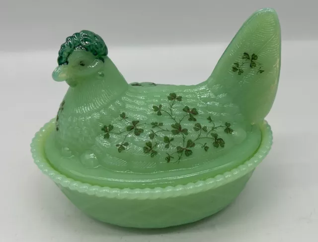 Jade Glass Covered Chicken Hen Dish Handpainted w/Shamrocks Westmoreland USA