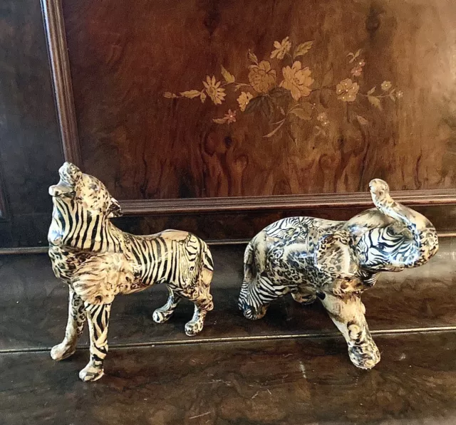 La Vie Ceramic Animal Print Patchwork Elephant & Wolf Figurines