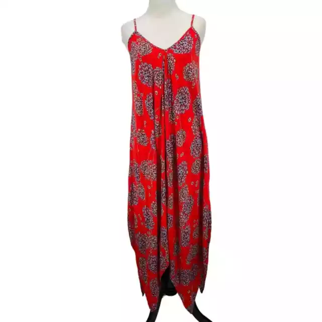a.n.a Medium Midi Dress Women Red Floral V-Neck Sleeveless Handkerchief Hem Boho