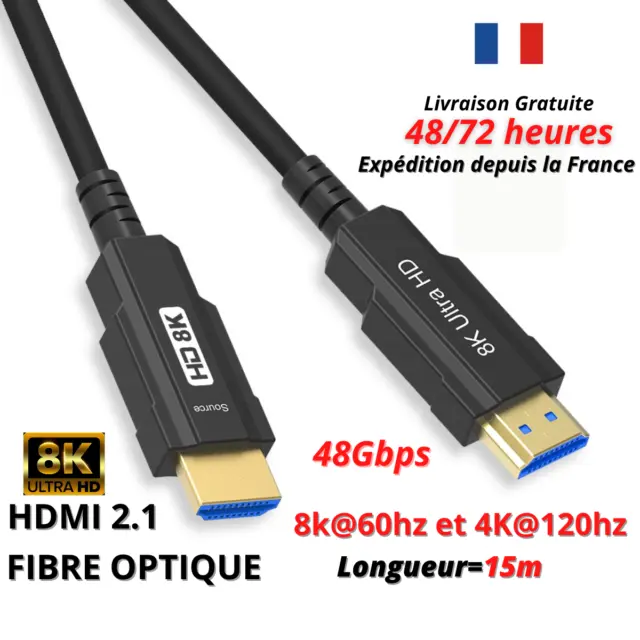 Cable HDMI 2.1 8K 60Hz HDCP2.2 4K 120Hz 15 mètres  HDR 10 UHD eARC 48Gb/S