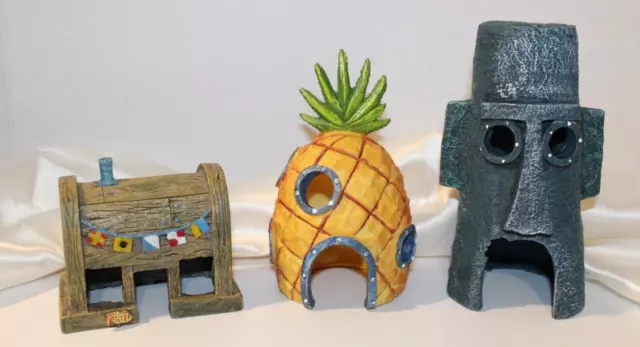 Spongebob Aquarium Pineapple Squidward House Fish Tank Cave Decor Lot of 3