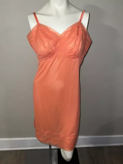 Vintage Stunning Coral Nylon Tricot Full Slip w Floral Lace Vanity Fair 38