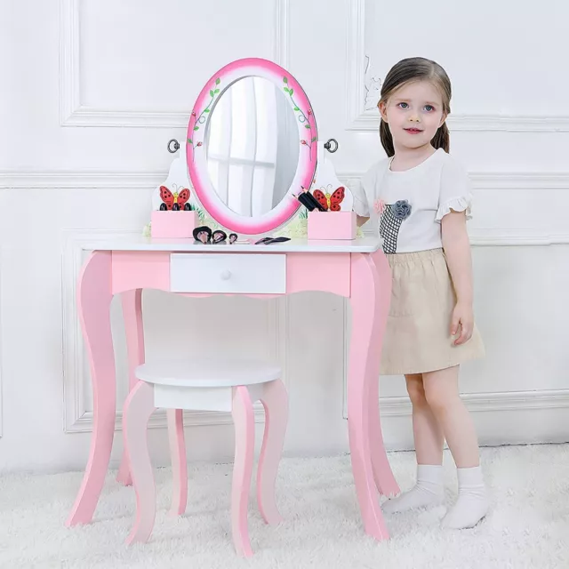 WOODENY Kid Vanity Table & Stool Girls Dressing Set Make Up Desk with Mirror UK