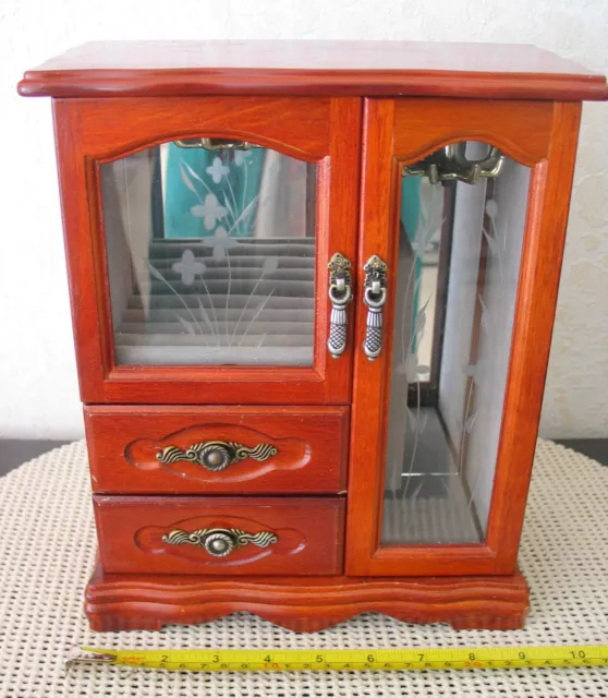 Vintage 11" solid wood Jewelry Box Armoire with Etched Glass Doors, NEVER USED.