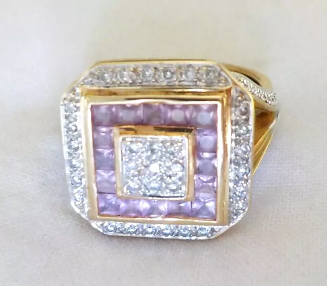 Heavy 18K Yellow Gold Pink Sapphire Diamond Halo Ring - 12.53 gms, Sz 5.25 ~ Sz6