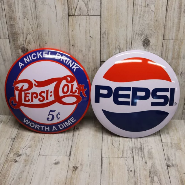 2 Pc- 16" Pepsi-Cola Domed Tin Metal Signs -1970's Soda Logo - Ice Cold - Button