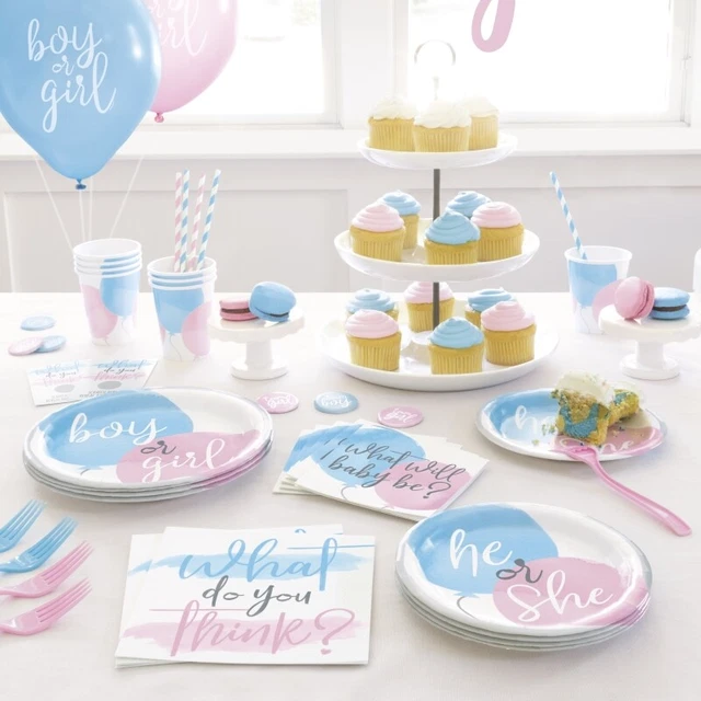 Gender Reveal Baby Dusche Party Zubehör Geschirr Dekorationen Ballons Einladungen