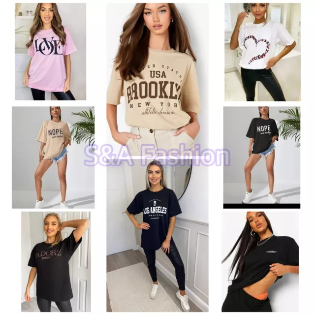 Womens T Shirt Ladies Oversized Baggy Fit Short Sleeve Slogan T-shirt Tee Tops
