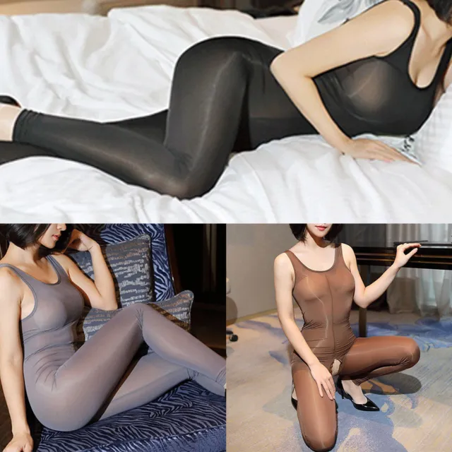 Bodystocking Catsuit Overall Ärmellos Zipper Offen Nylon Glanz Bodysuit Jumpsuit